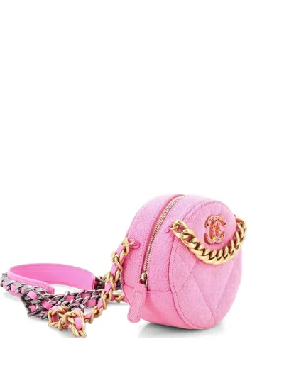 Pre-owned Chanel 19 Round Clutch With Chain Quilted Denim Crossbody Bag In Pink