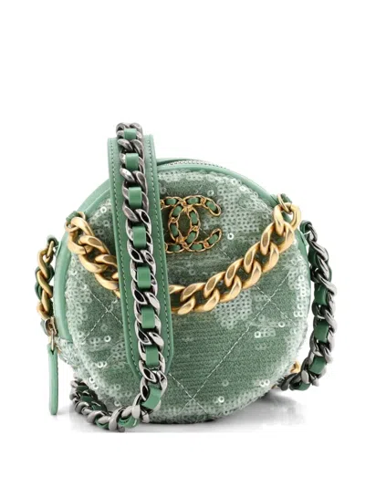 Pre-owned Chanel 19 Round Clutch With Chain Quilted Leather And Sequins Crossbody Bag In Green