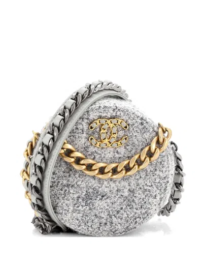 Pre-owned Chanel 19 Round Clutch With Chain Quilted Tweed Crossbody Bag In Gray