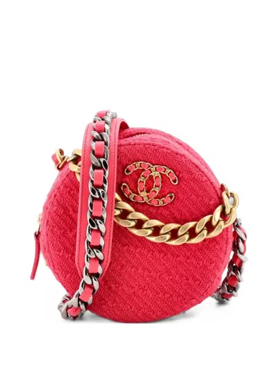 Pre-owned Chanel 19 Round Clutch With Chain Quilted Tweed Crossbody Bag In Pink