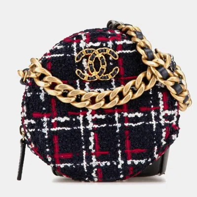 Pre-owned Chanel 19 Round Crossbody Chain Shoulder Bag Navy Red Tweed Leather In Blue