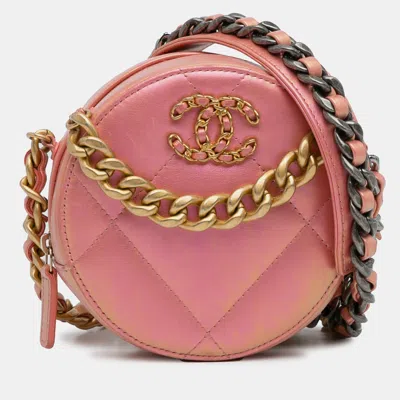 Pre-owned Chanel 19 Round Lambskin Clutch With Chain In Pink