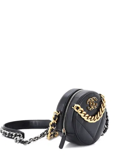 Pre-owned Chanel 19 Round With Chain Quilted Leather Clutch Bag In Black