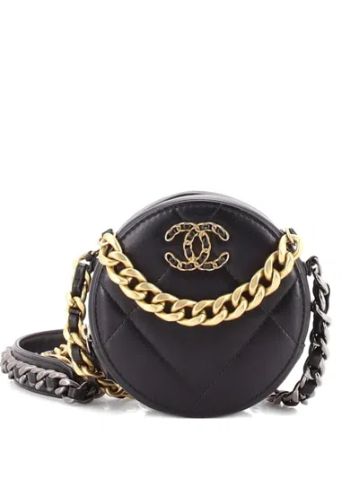 Pre-owned Chanel 19 Round With Chain Quilted Leather Clutch Bag In Black