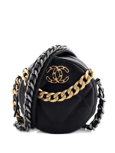Pre-owned Chanel 19 Round With Chain Quilted Leather Clutch Bag In Black