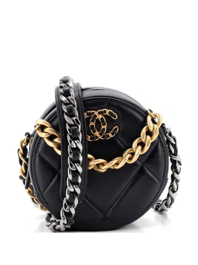 Pre-owned Chanel 19 Round With Chain Quilted Leather Clutch Bag In Black