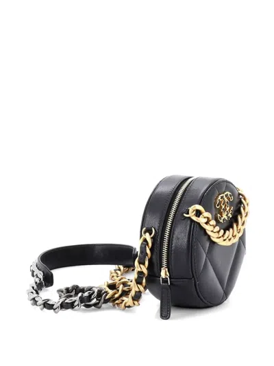 Pre-owned Chanel 19 Round With Chain Quilted Leather Clutch Bag In Black