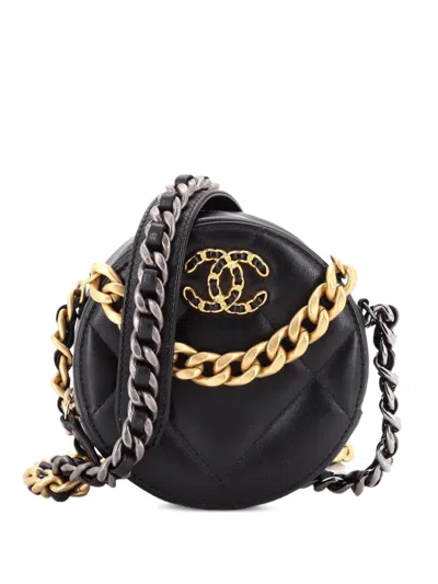 Pre-owned Chanel 19 Round With Chain Quilted Leather Clutch Bag In Black