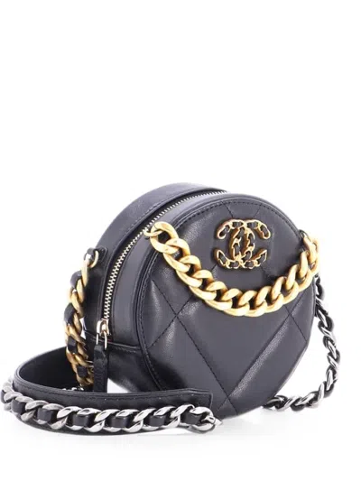 Pre-owned Chanel 19 Round With Chain Quilted Leather Clutch Bag In Black