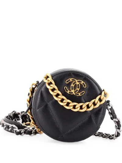 Pre-owned Chanel 19 Round With Chain Quilted Leather Clutch Bag In Black