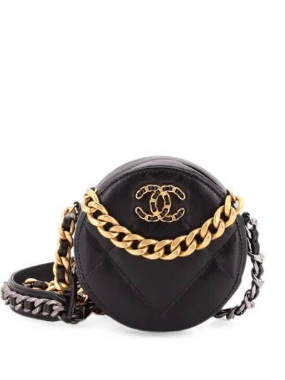 Pre-owned Chanel 19 Round With Chain Quilted Leather Clutch Bag In Black