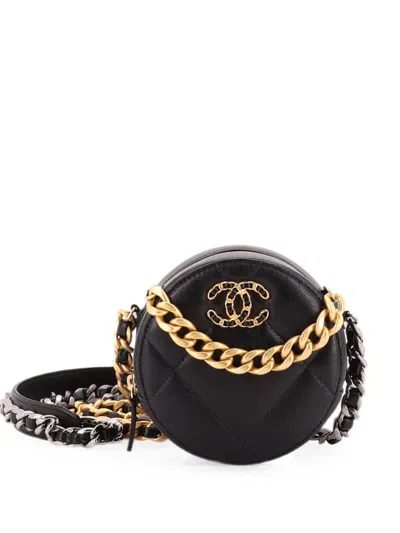 Pre-owned Chanel 19 Round With Chain Quilted Leather Clutch Bag In Black