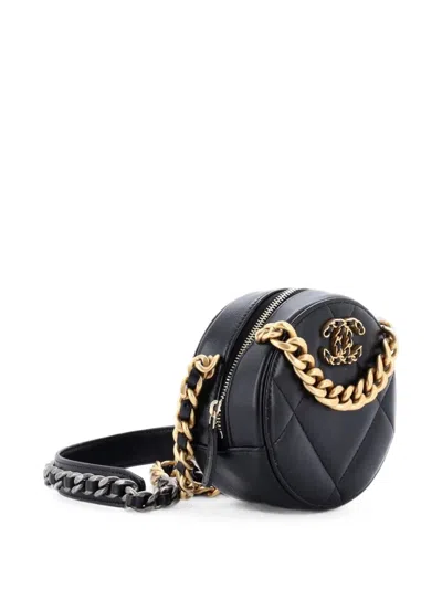 Pre-owned Chanel 19 Round With Chain Quilted Leather Clutch Bag In Black