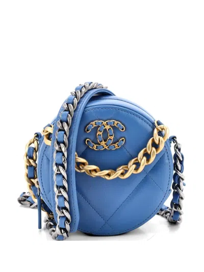 Pre-owned Chanel 19 Round With Chain Quilted Leather Clutch Bag In Blue