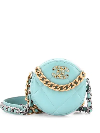 Pre-owned Chanel 19 Round With Chain Quilted Leather Clutch Bag In Blue