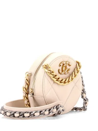 Pre-owned Chanel 19 Round With Chain Quilted Leather Clutch Bag In Neutral
