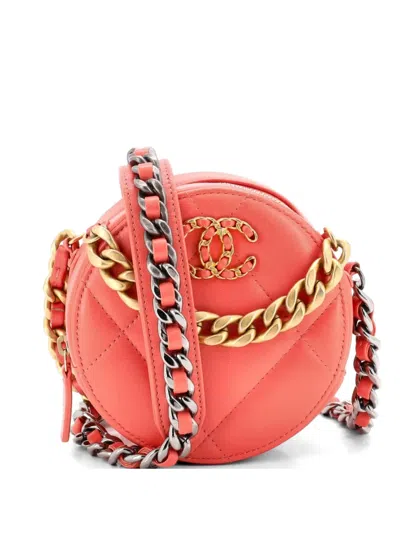 Pre-owned Chanel 19 Round With Chain Quilted Leather Clutch Bag In Pink