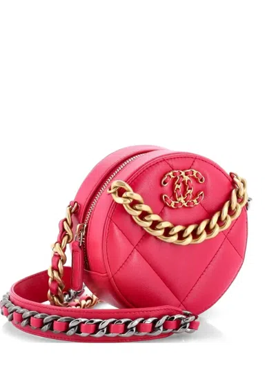 Pre-owned Chanel 19 Round With Chain Quilted Leather Clutch Bag In Pink
