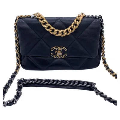 Pre-owned Chanel 19 Small Flap Bag Black Lambskin Mixed Metal Hardware Puffy Quilted Chip