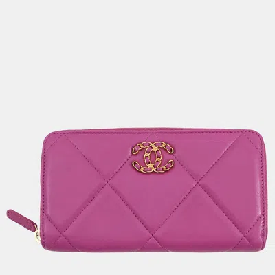 Pre-owned Chanel 19 Small Zip Wallet Purple Lambskin