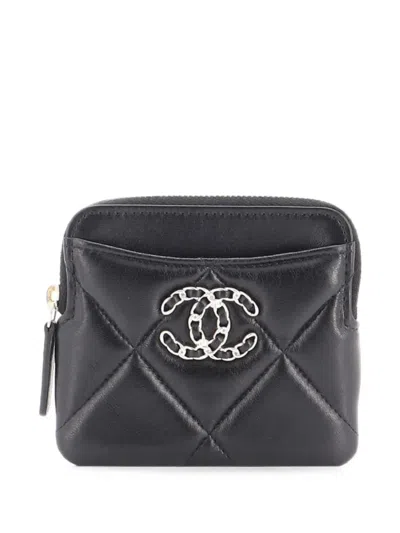Pre-owned Chanel 19 Square Zip Around Card Holder Wallet Quilted Lambskin Small Wallets In Black