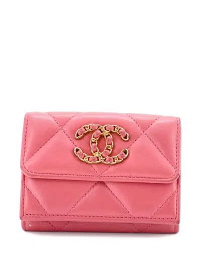 Pre-owned Chanel 19 Trifold Flap Wallet Quilted Lambskin Small Wallets In Pink