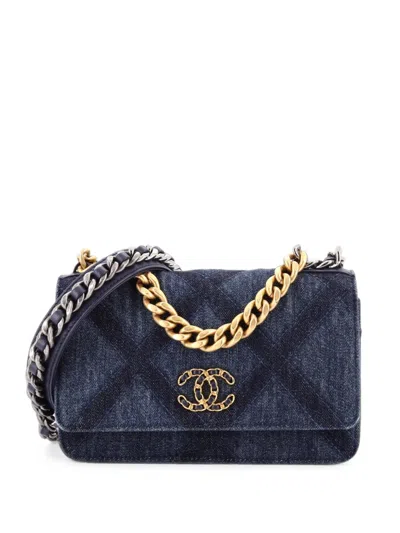 Pre-owned Chanel 19 Wallet On Chain Quilted Denim Crossbody Bag In Blue