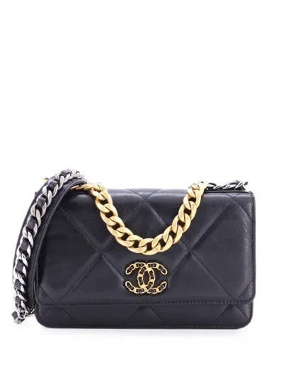 Pre-owned Chanel 19 Wallet On Chain Quilted Goatskin Crossbody Bag In Black