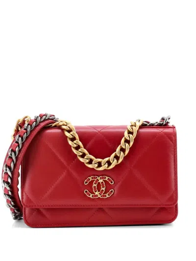 Pre-owned Chanel 19 Wallet On Chain Quilted Goatskin Crossbody Bag In Red