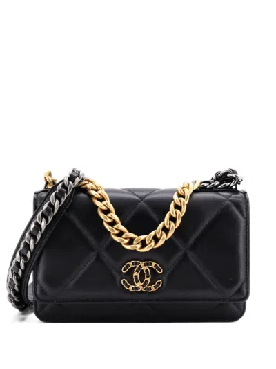 Pre-owned Chanel 19 Wallet On Chain Quilted Lambskin Crossbody Bag In Black