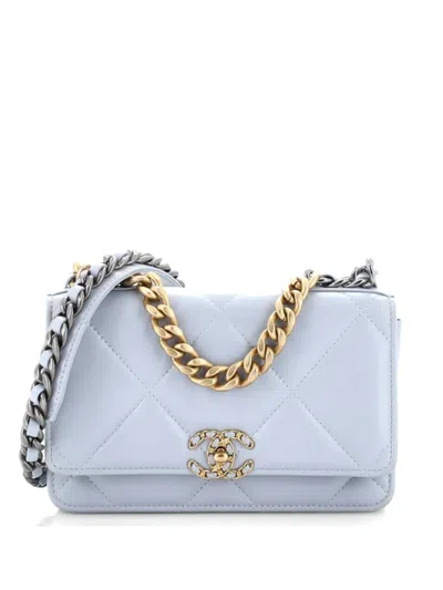 Pre-owned Chanel 19 Wallet On Chain Quilted Lambskin Crossbody Bag In Blue
