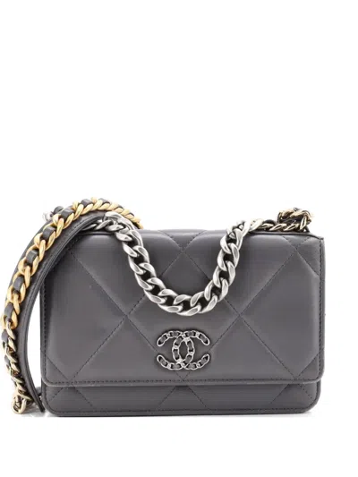 Pre-owned Chanel 19 Wallet On Chain Quilted Lambskin Crossbody Bag In Gray