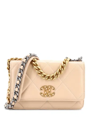 Pre-owned Chanel 19 Wallet On Chain Quilted Lambskin Crossbody Bag In Neutral