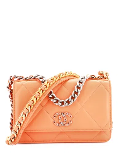 Pre-owned Chanel 19 Wallet On Chain Quilted Lambskin Crossbody Bag In Orange