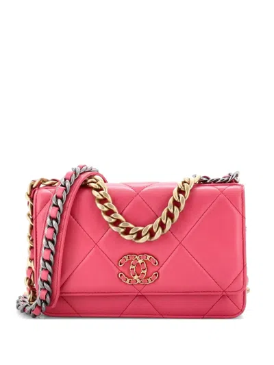 Pre-owned Chanel 19 Wallet On Chain Quilted Lambskin Crossbody Bag In Pink
