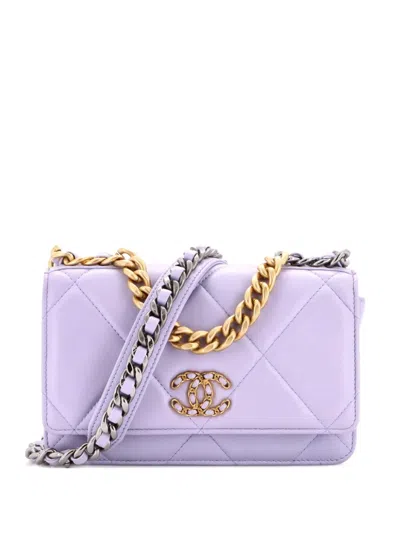 Pre-owned Chanel 19 Wallet On Chain Quilted Lambskin Crossbody Bag In Purple
