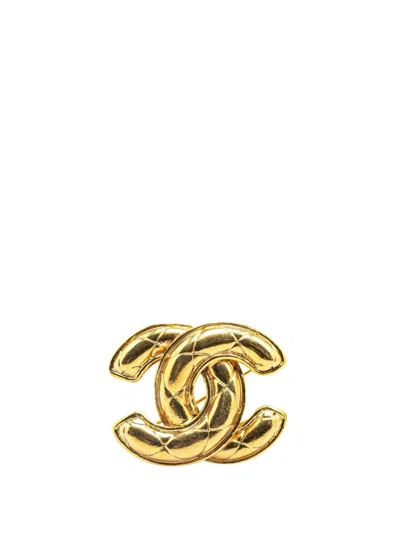 Pre-owned Chanel 1950-1970 Gold Plated Cc Quilted Brooch Costume Brooch