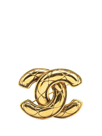 Pre-owned Chanel 1950-1970 Gold Plated Cc Quilted Brooch Costume Brooch