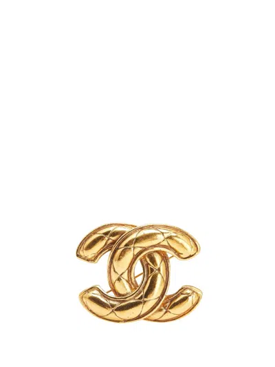 Pre-owned Chanel 1950-1970 Gold Plated Cc Quilted Brooch Costume Brooch