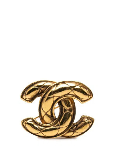 Pre-owned Chanel 1950-1970 Gold Plated Quilted Cc Brooch Costume Brooch