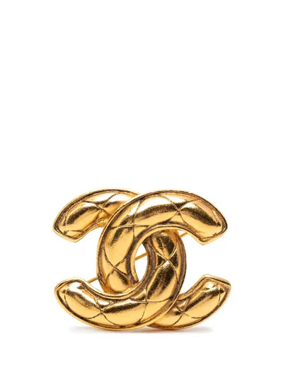 Pre-owned Chanel 1950-1970 Gold Plated Quilted Cc Brooch Costume Brooch