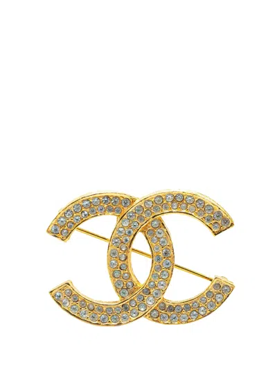Pre-owned Chanel 1950-1970 Gold Plated Rhinestone Cc Brooch Costume Brooch