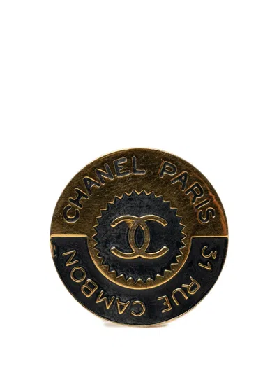 Pre-owned Chanel 1950-1970 Cc Gold Plated Enamel 31 Rue Cambon Brooch Costume Brooch