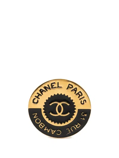 Pre-owned Chanel 1950-1970 Cc Gold Plated Enamel 31 Rue Cambon Brooch Costume Brooch In Black