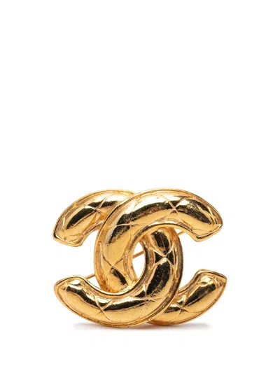 Pre-owned Chanel 1950-1970 Cc Gold Plated Quilted Brooch Costume Brooch