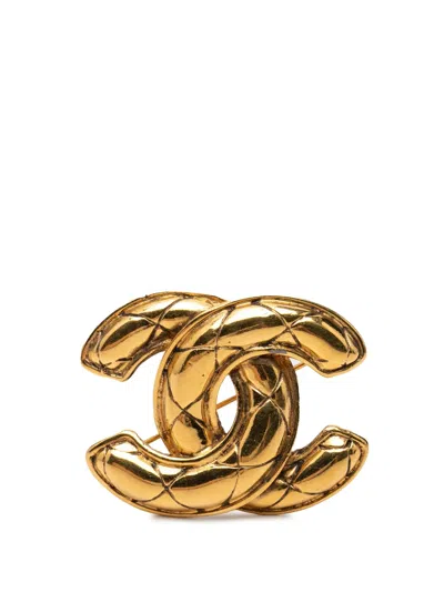 Pre-owned Chanel 1950-1970 Cc Gold Plated Quilted Brooch Costume Brooch