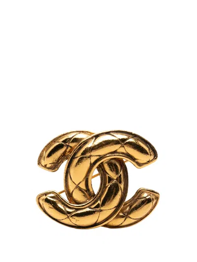 Pre-owned Chanel 1950-1970 Cc Gold Plated Quilted Brooch Costume Brooch