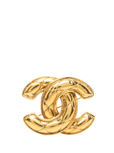 Pre-owned Chanel 1950-1970 Cc Gold Plated Quilted Brooch Costume Brooch