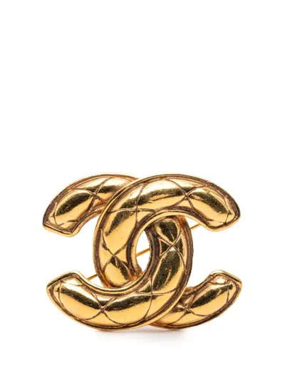Pre-owned Chanel 1950-1970 Cc Quilted Gold Plated Brooch Costume Brooch