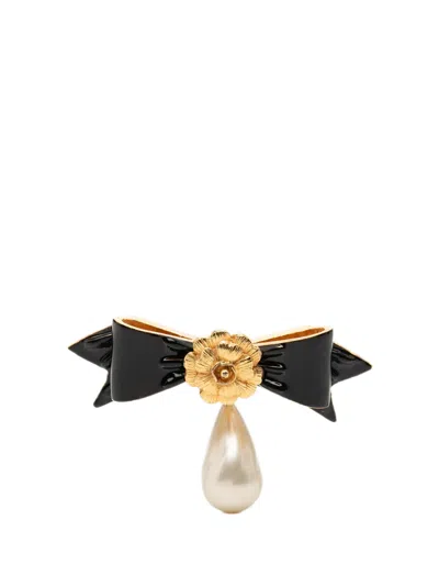 Pre-owned Chanel 1950-1970 Enamel And Faux Pearl Bow Camellia Charm Brooch Costume Brooch In White